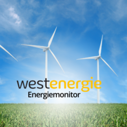 3 Windräder vor blauem Himmel auf grüner Wiese, Logo Westenergie, Schriftzug "Energiemonitor"