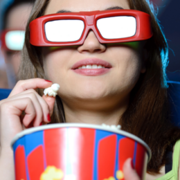 Mädchen sitzt in einem Kino und isst Popcorn